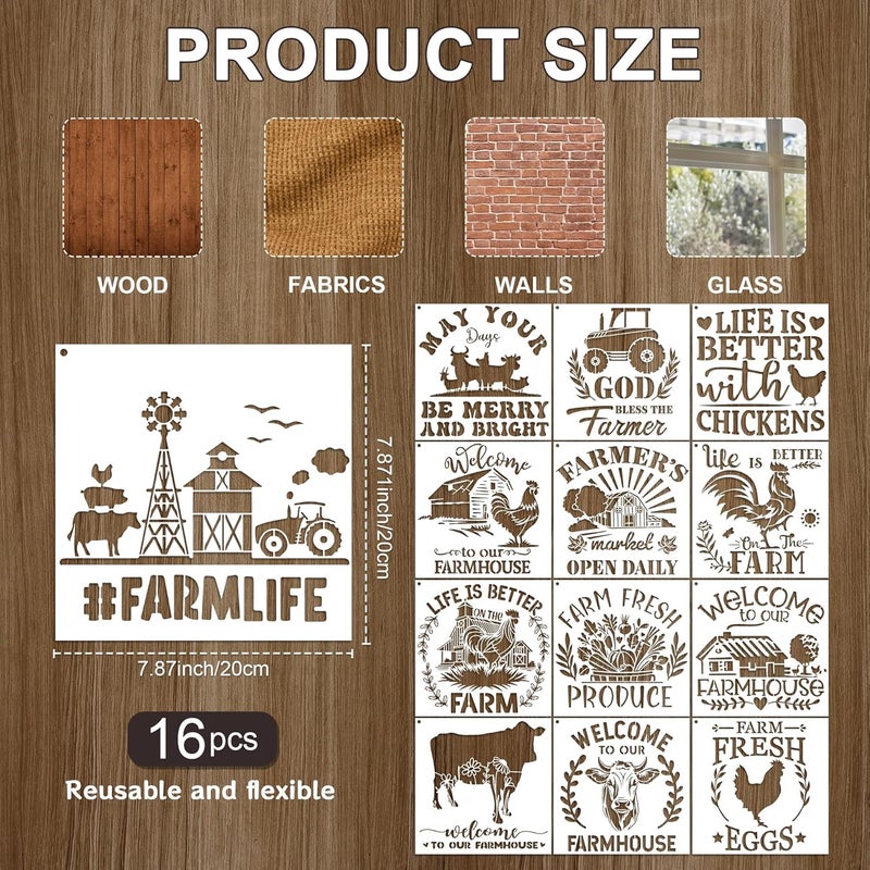 Keluna Farmhouse Stencils for Painting - 16 Pcs Reuasble Farm Animal Cow Chicken Reusable Stencils for Wood Burning Crafts Fabric Farm Sign Home Decor Template - Image 5